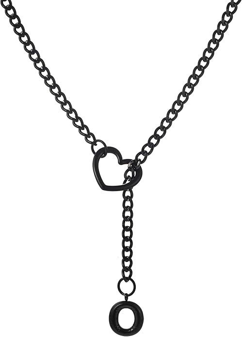Black Heart Slip Chain Initial Necklaces for Women,Stainless Steel O-Ring Adjustable Lariat Heart Y-Necklace,Punk Gothic Cuban Collar Choker Necklace for women