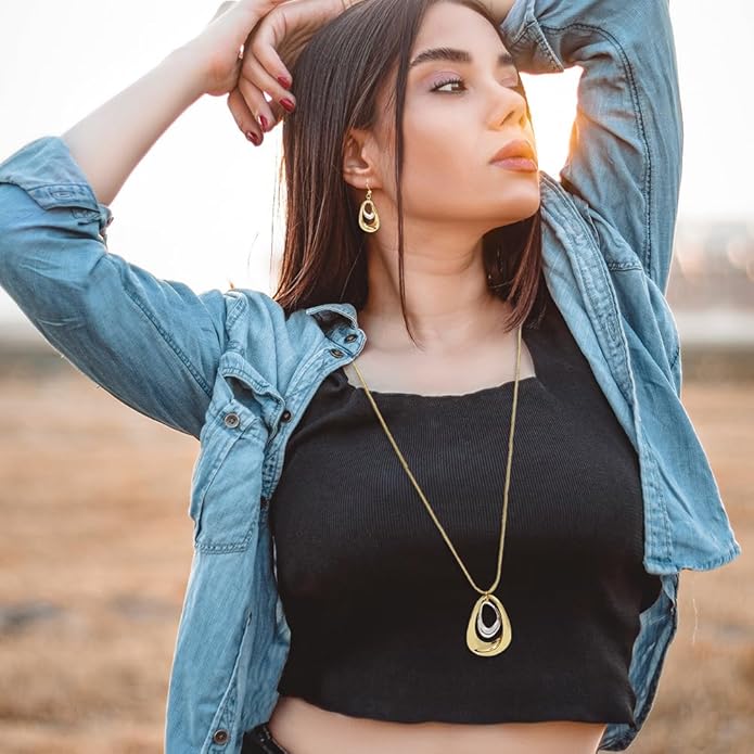 Madison Tyler Gold Plated Jewelry Set for Women | Silver Teardrop Pendant Necklace Trendy | Long Necklace with Snake Chain | Fashion Dangle Earring Set