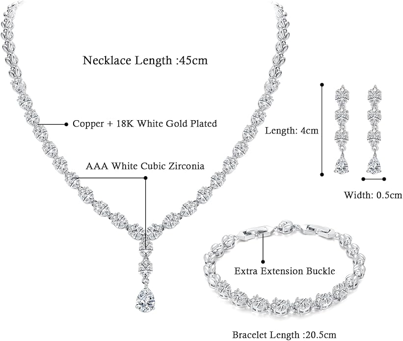 Hadskiss Jewelry Set for Women, Necklace Dangle Earrings Bracelet Set with White AAA Cubic Zirconia, Allergy Free Wedding Party Jewelry for Bridal Bridesmaid