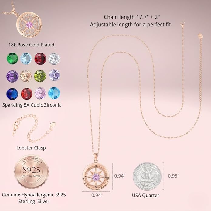 Compass Necklace for Women Wife Girlfriend Mom Daughter Gifts S925 Sterling Silver Jewelry For Anniversary Rose Gold Gifts For Birthday Christmas Mothers Valentines Day 12 Birthstones
