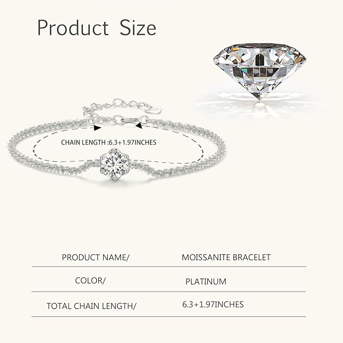 14K White Gold Over S925 Sterling Silver Princess/Round Cut D-color VVS1 Diamond Bracelet, Adjustable Chain with 0.7ct/0.5ct/1ct Diamond, Ideal Surprise for Trendy Women