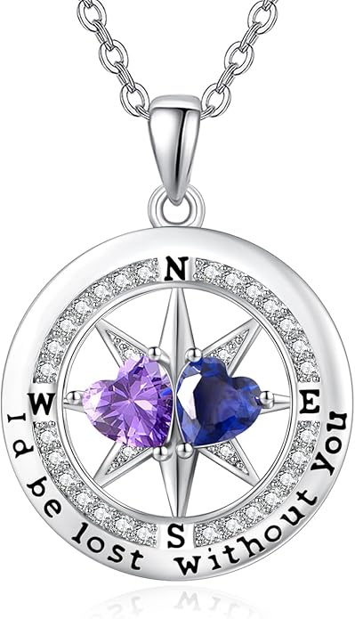 Compass Necklace for Women, Exquisite S925 Valentines Day Anniversary Birthday Gifts for Wife Her Double Birthstone Pendant Jewelry ‘I'd be Lost Without You’