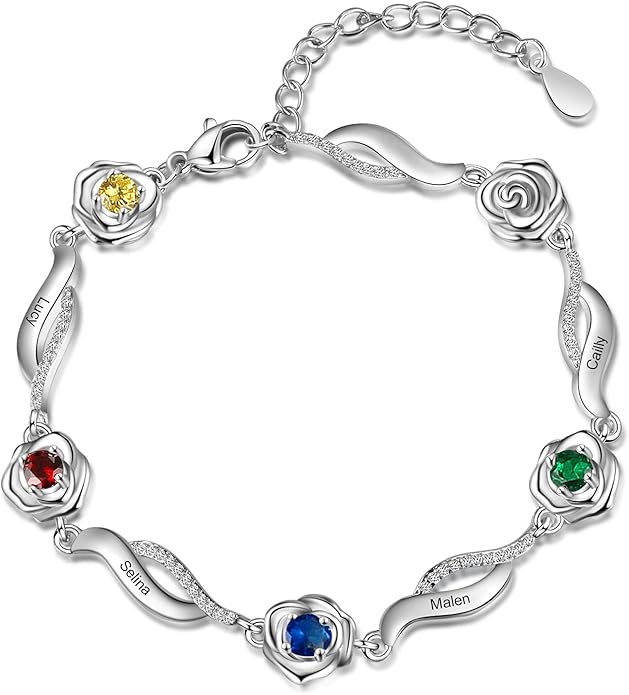 Personalized Simulated Birthstone Bracelets Adjustable Rose Flower Chain Charm Bracelet with 1-5 Name Initial Engraved for Women Mom Christmas Gifts