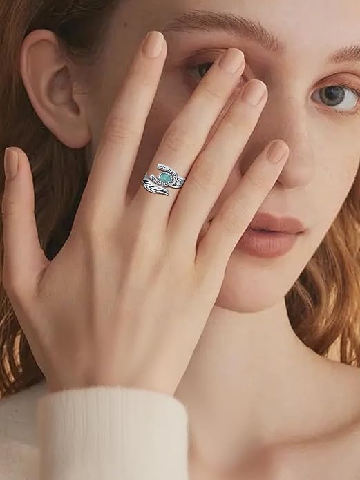 Turquoise/Moss Agate/Moonstone/Black Onyx/Lapis Lazuli/Labradorite/Tiger Eye Feather Ring 925 Sterling Silver Adjustable Ring Western Thumb Rings Vintage Jewelry Gifts for Women