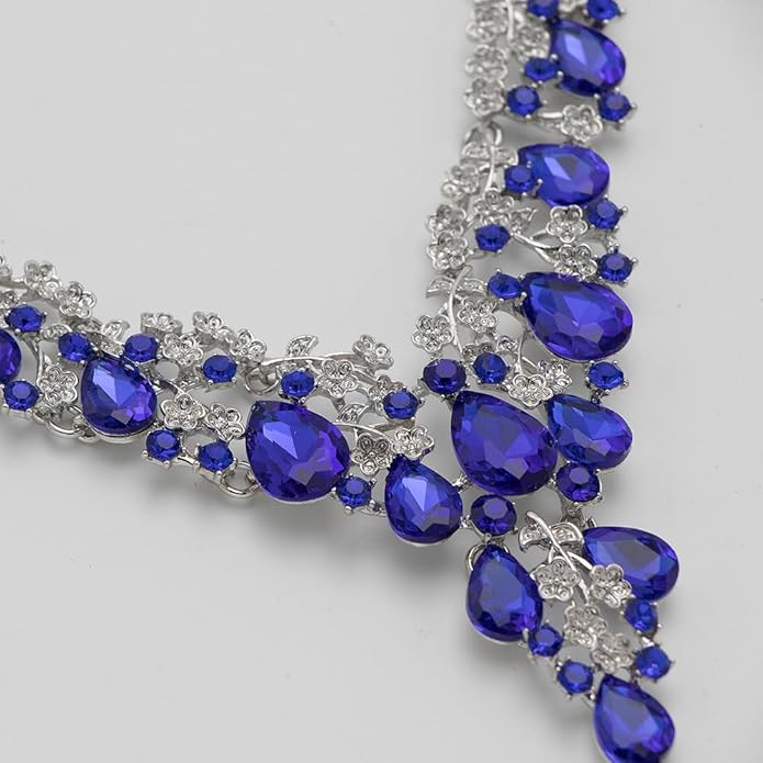 Bridal Bridesmaid Austrian Crystal Jewelry Set, Floarl rhinestone Statement Neckace Teardrop Necklace Drop Dangle Earrings Set