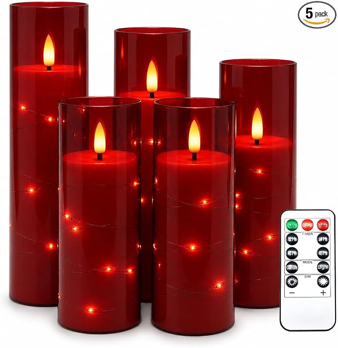 Da by 5 Pack Red Transparent Acrylic Flameless Taper Candles, Flickering Black by Daby