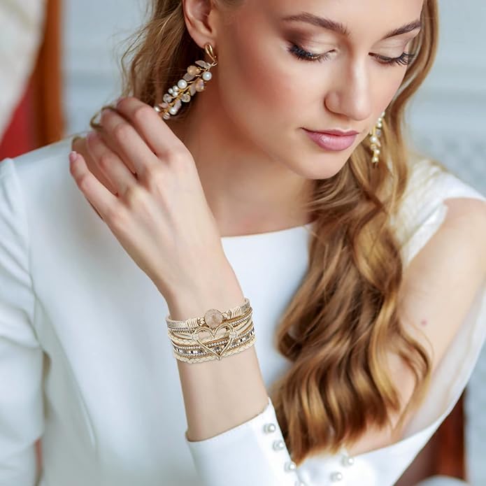 Fesciory Leopard Bracelet for Women, Boho Leather Wrap Multi-Layer Pearl Crystal Bracelet Bangle Jewelry