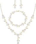 EVER FAITH Bridal Cubic Zirconia Jewelry Sets for Women, White Simulated Pearl Leaf Vine Pendant Wedding Party Necklace Earrings Set for Bridesmaid Bride