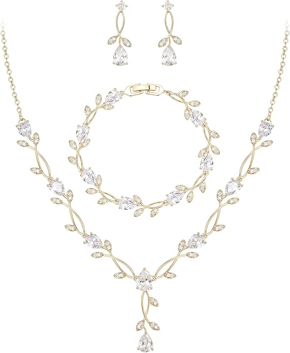EVER FAITH Bridal Cubic Zirconia Jewelry Sets for Women, White Simulated Pearl Leaf Vine Pendant Wedding Party Necklace Earrings Set for Bridesmaid Bride