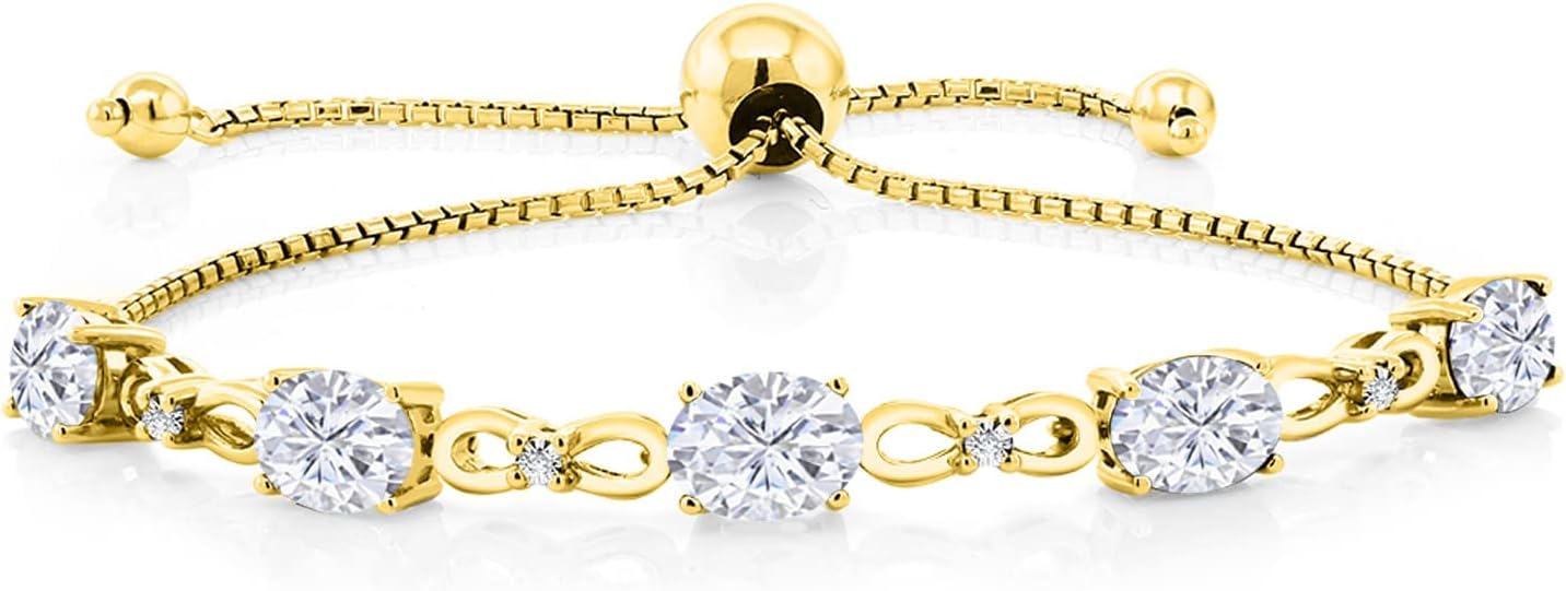 Gem Stone King 7X5MM Oval Cut Gemstone Birthstone and Accent Lab Grown Diamond Tennis Bracelet For Women In 18K Yellow Gold Plated Silver | Adjustable Bolo Bracelet For Women | Easy-On Easy-Off