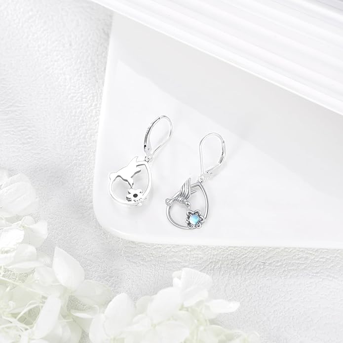 Hummingbird with Moonstone Dangle Earrings 925 Sterling Silver Hummingbird Leverback Earrings for Women
