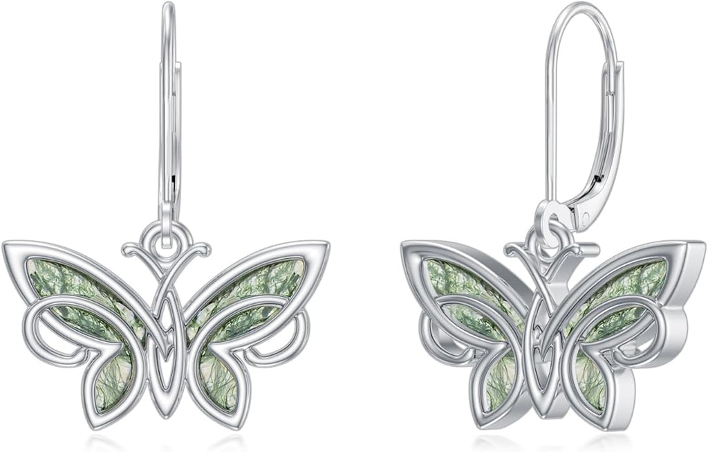 PELOVNY Animal Dangle Earrings Sterling Silver Hypoallergenic Moss Agate Crystal Moonstone Earrings Bee Butterfly Dolphin Peacock Phoenix Jewelry Birthday Christmas Gifts for Women