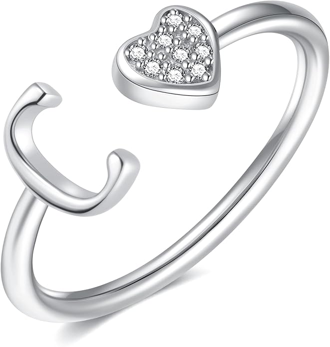 Valentines Day Gift Initial Rings for Teen Girls - S925 Heart Sterling Silver Rings for Teen Girls | 14K Gold/Rose Gold/Sterling Silver Plated Ring for Girls Kids Women Ring for Teenager Girls Gifts Adjustable, No Tarnish, Hypoallergenic