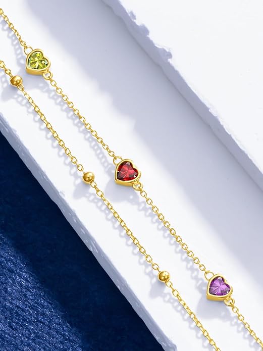 Birthstone Anklet/Bracelets for Women 925 Sterling Silver Charm Link Double Strand Heart Birthstone Jewelry Gift for Wife Women Mother's Day Gift