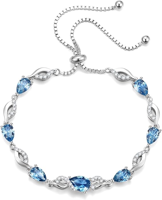 FANCIME Birthstone Teardrop Tennis Bracelet for Women, Sterling Silver 9x7mm main Gemstone Bolo Adjustable Chain Bracelet Fine Jewelry Birthday Gifts for Women Mom Wife Her