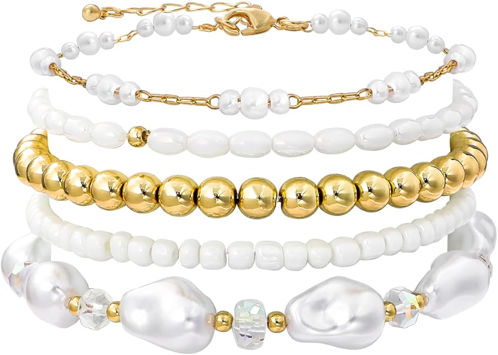 Shell Bracelet Seashell Boho Beaded Stretch Bracelets for Women Summer Beach Bracelets Starfish Charm Bracelet Stackable Gold Plated Bracelets Set for Women