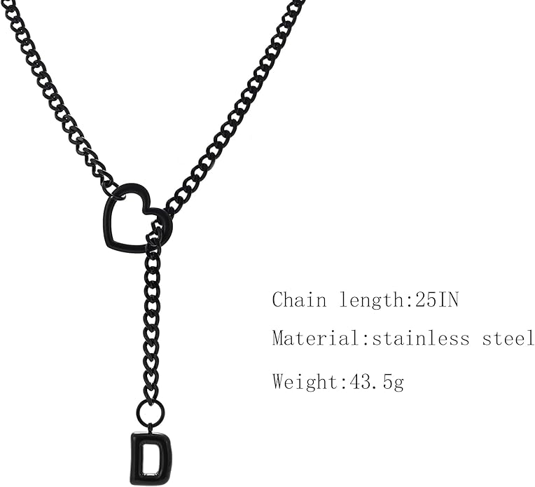 Black Heart Slip Chain Initial Necklaces for Women,Stainless Steel O-Ring Adjustable Lariat Heart Y-Necklace,Punk Gothic Cuban Collar Choker Necklace for women