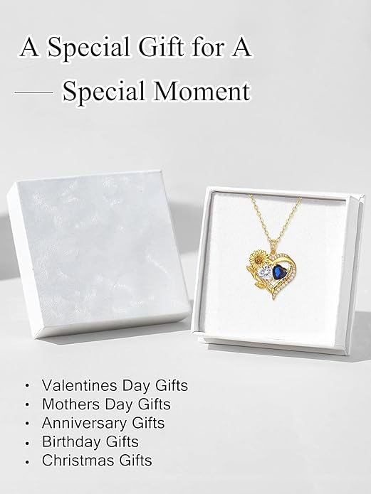 Sunflower Heart Necklace for Women 14K Gold Exquisite Valentines Day Anniversary Birthday Gifts for Wife Mother Her Double Birthstone Pendant Jewelry‘You Are My Sunshine’
