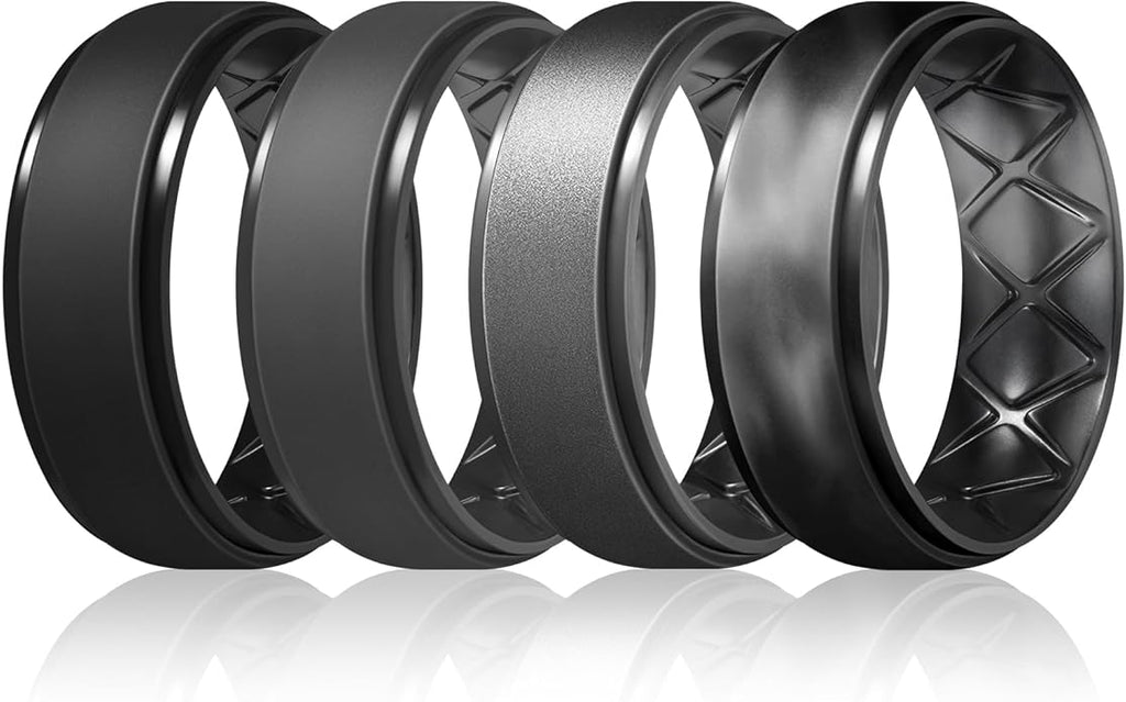 Egnaro Men's Rings 8.5mm Wide-2mm Thick Inner Arc Ergonomic Breathable Rubber Wedding bands-Hypoallergenic for Gym/Outdoor/Gift((1-7 Variety Pack with Half Size)