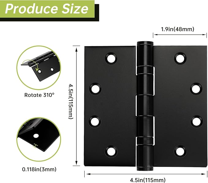 3 Pack Black Door Hinges 4.5 x 4.5 Inches, Heavy Duty Stainless Steel Ball - Image 2