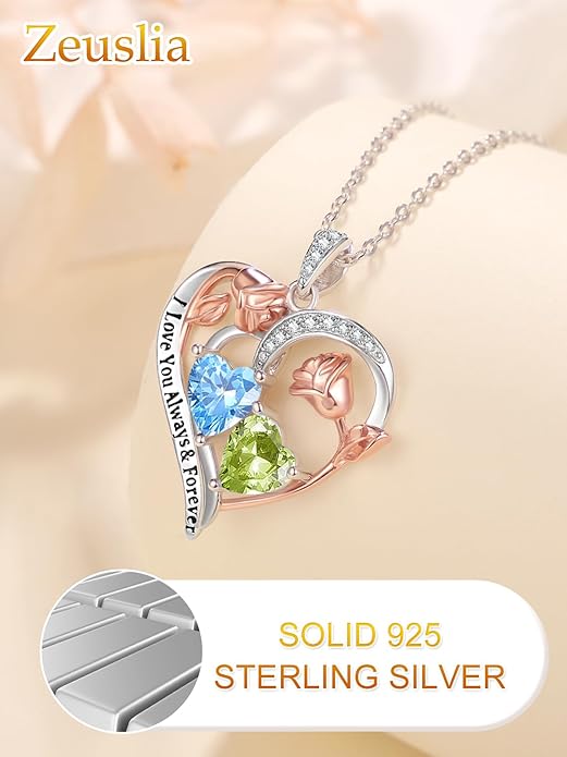 Valentine's Day Gifts for Wife 925 Sterling Silver Double Birthstone Pendant Necklaces I Love You for Always and Forever Necklace Anniversary Birthday Gifts for Wife Girlfriend Mom Her