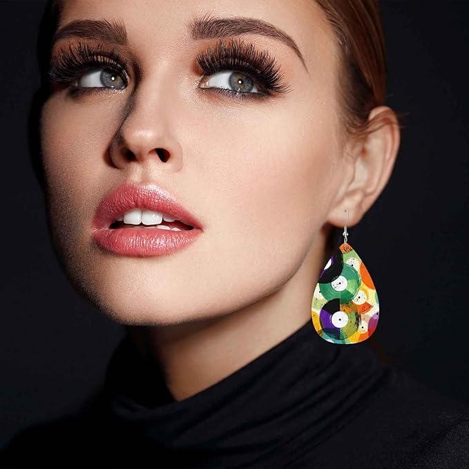 Earrings For Women Music, Retro Watercolor Colorful Music Record Graffiti Fashion Leather Teardrop Earrings Lightweight Earrings For Women Friends Bridal