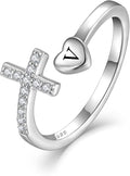 STARCHENIE Cross Initial Ring for Women 925 Sterling Silver Letters A-Z 26 Alphabet Adjustable Ring Size 7