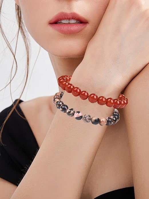 12 PCS 8mm Semi-Precious Gemstone Beaded Bracelets Natural Crystal Bracelets for Women Men, Round Gemstones Stretch Bracelet, Yoga Bracelets Jewelry Gifts