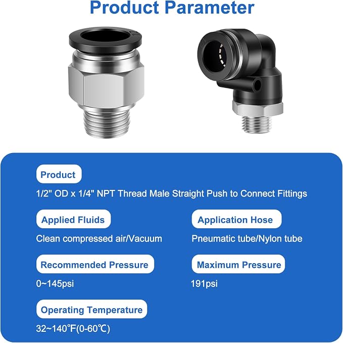 CNAODUN 12 Pcs Push to Connect Fittings 1/2 Inch Tube OD x 1/4 Inch NPT Thread - Image 2