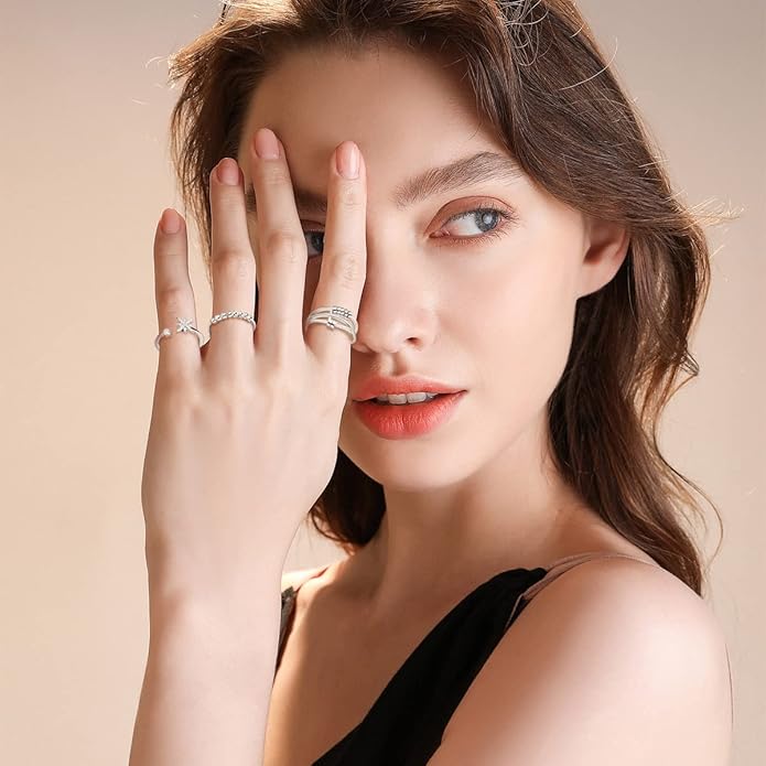 Vito 925 Sterling Silver Fidget Anxiety Ring for Women, Adjustable Open Spinner Ring Stress Relief Ring Stacking Band Anillos Jewelry Gift for Mom Daughter