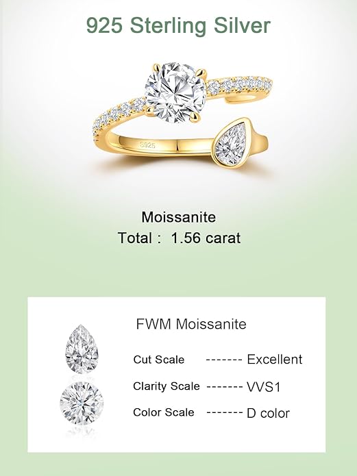 FWM Round Cut Moissanite Simple Open Rings for Women, Adjustable Ring, Solid Sterling Silver With Gold Plated, Stackable Wedding Band, Anniversary Valentines Mothers Day Christmas Gift