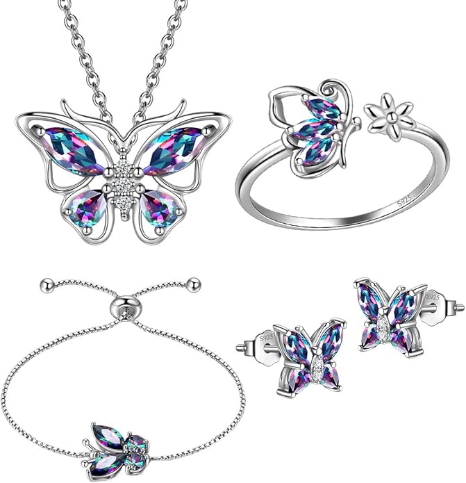 925 Sterling Silver Birthstone Butterfly Jewelry Women Crystal Animal Cute Butterflies Birthday Necklace/Earring/Ring/Bracelet Sets Birth Stone Statement Anniversary Jewellery