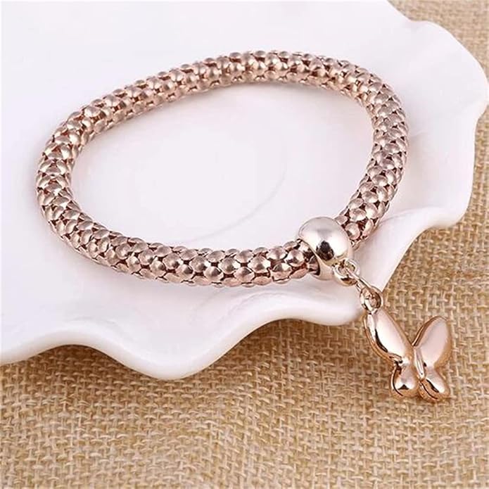 Crystal Charms Multilayer Bracelets - 3PCS Gold/Silver/Rose Gold Corn Chain Bracelet for Women, Tree of Life Heart Shaped Stretch Bracelet