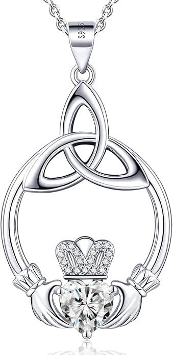 Gift Birthstone Necklaces for Women 925 Sterling Silver Irish Claddagh Necklace for Women Heart Birthstone Pendant Necklace Anniversary Birthday Gifts for Wife Lady Cable Chain 18"+2"