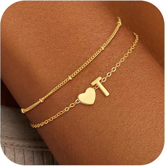 Valentines Day Gifts for Kids Women Girls, 14K Gold Plated Heart Initial Bracelet Teen Girl Gifts Trendy Stuff Dainty Gold Bracelets for Women Girls Valentines Day Gifts