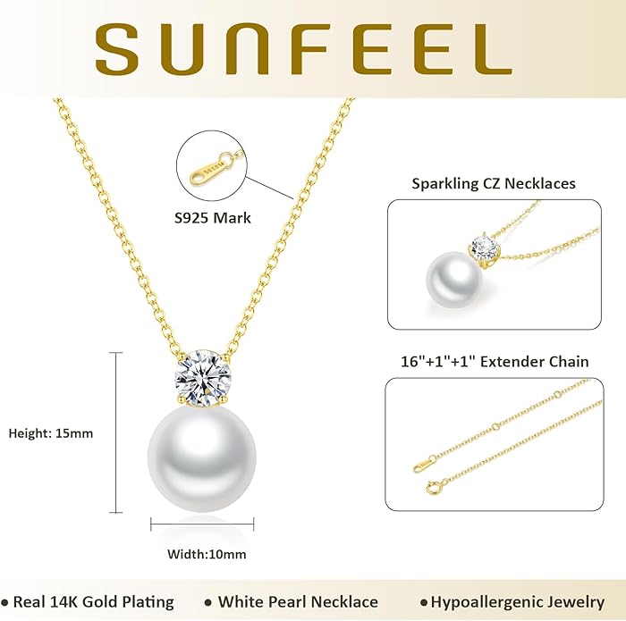 SUNFEEL 925 Sterling Silver Pearl Necklaces for women 14K Gold Plated 5A CZ 10MM/12MM Single Pearl Pendant Necklace Gifts for Her Mom Wife Girlfriend Engagement Wedding Birdal Christmas Trendy Jewelry