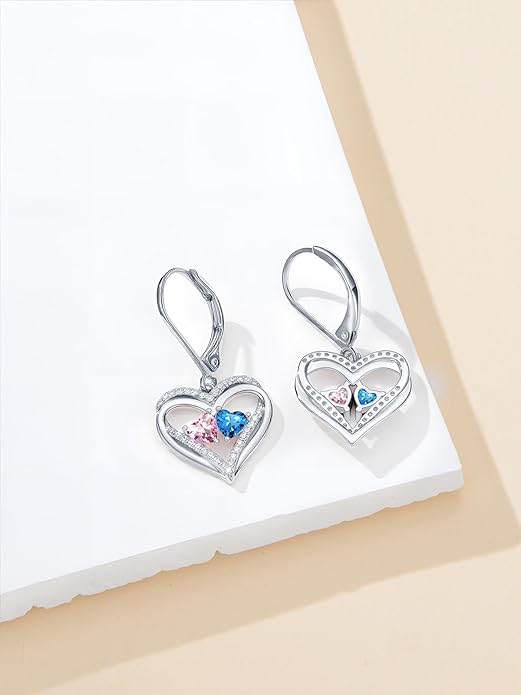 Valentines Day Gifts for Women, Heart Leverback Earrings Double Birthstone Dangle Earrings for Women, Love Jewelry for Her, Anniversary Birthday Gift for Mom Wife Girlfriend