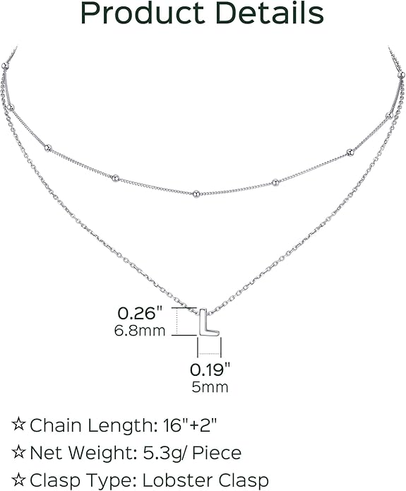 ChicSilver Layered Initial Necklace for Women, 925 Sterling Silver Personalized Letter A-Z Pendant Necklaces, Hypoallergenic Silver Choker with Adjustable 16" Rolo Chain, Dainty Birthday jewelry