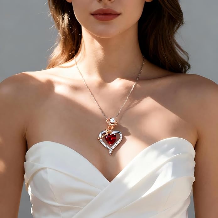 immobird Rose Gold Heart Necklace Birthstone Jewelry Sterling Silver Jewelry Plated White Gold Valentine's Day Gift Women for Wife Mom Necklace for Women