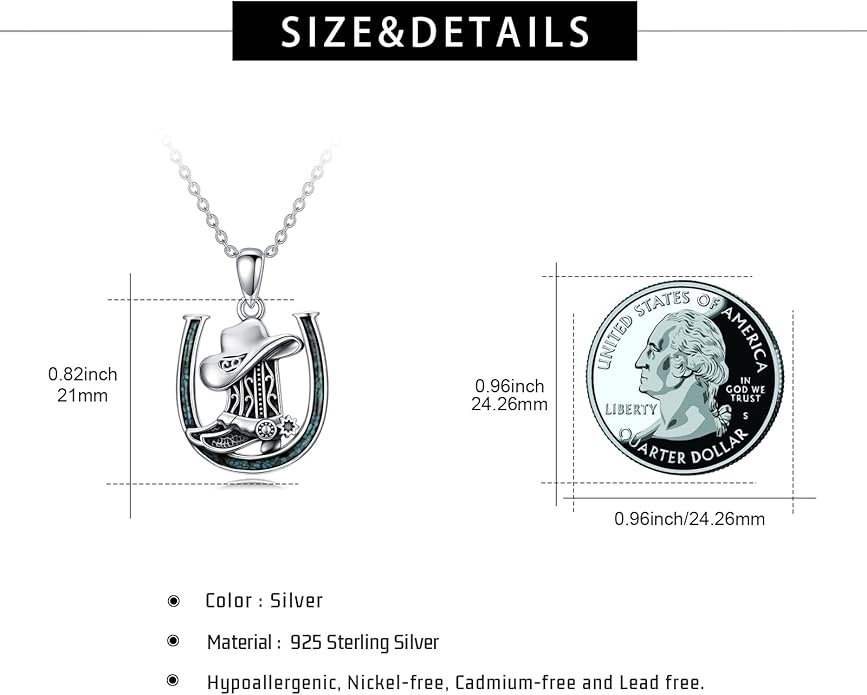 Western Cowboy Necklace 925 Sterling Silver Horseshoe Pendant Western Jewelry Cowgirl Gifts for Women Girlfriend Cowboy Cowgirl