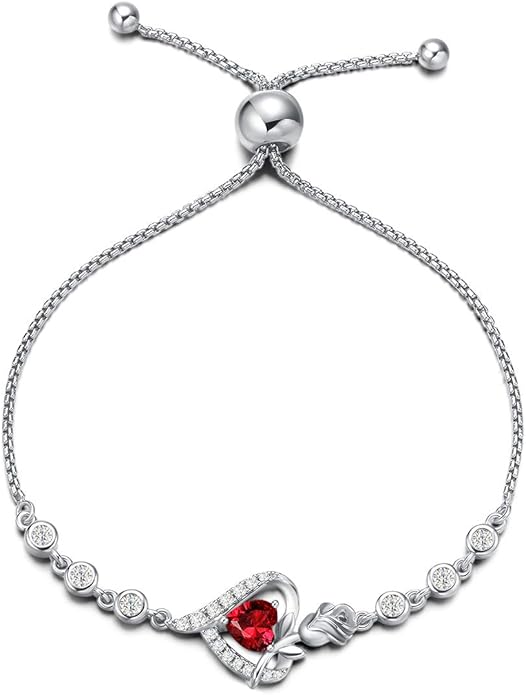 AGVANA Valentines Day Gifts Rosy Reverie Birthstone Bracelet for Women Sterling Silver Genuine or Created Gemstone Tennis Bracelet Rose Heart Jewelry Anniversary Birthday Gifts for Women Mom Wife Her