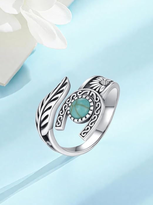 Turquoise/Moss Agate/Moonstone/Black Onyx/Lapis Lazuli/Labradorite/Tiger Eye Feather Ring 925 Sterling Silver Adjustable Ring Western Thumb Rings Vintage Jewelry Gifts for Women