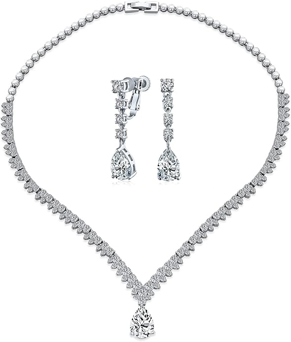 Bridal Jewelry Set Art Deco Vintage Estate Style Cubic Zirconia Marquise Leaf Teardrop AAA CZ Statement Cleavage Choker Necklace & Chandelier Dangle Clip On Or Pierced Earrings For Women Pageant