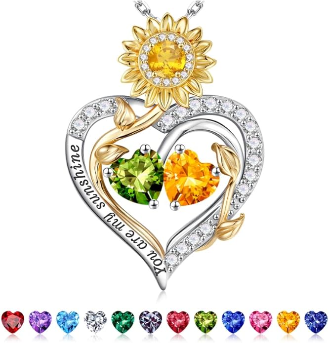 Iefil Valentines Day Gifts for Her - 925 Sterling Silver Sunflower Double Birthstone Necklace for Women, Anniversary Birthday Gifts for Wife, You Are My Sunshine Necklaces, Jewelry for Wife Mom