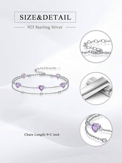 Birthstone Anklet/Bracelets for Women 925 Sterling Silver Charm Link Double Strand Heart Birthstone Jewelry Gift for Wife Women Mother's Day Gift
