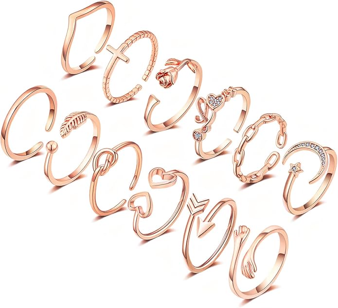 KOHOTA 12PCS Adjustable Knuckle Rings for Women 14K Gold Plated Silver Simple Stacking Rings Pack Open Knot Star Moon Butterfly Dainty Thumb Ring Set for Women