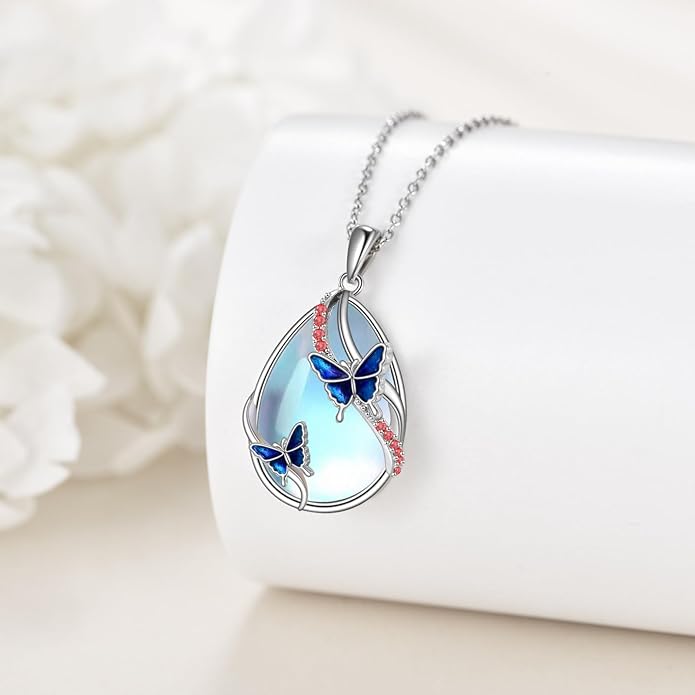 KQF Dragonfly/Butterlfy/Cat/Jellyfish/Bunny/Axolotl/Bee/Mermaid/Hummingbird/Elephant Necklace for Women Sterling Silver Moonstone Pendant Necklace Dragonfly Jewelry Gifts for Women
