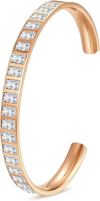 Rose Gold Plated Bracelets for Women, 5A Sparkling Square Cubic Zirconia Waterproof Never Tarnish Bangle Bracelet Jewelry, Equipped with Gift Box, Valentines Mother's Day Birthday Christmas Gifts for Women