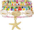 Shell Bracelet Seashell Boho Beaded Stretch Bracelets for Women Summer Beach Bracelets Starfish Charm Bracelet Stackable Gold Plated Bracelets Set for Women