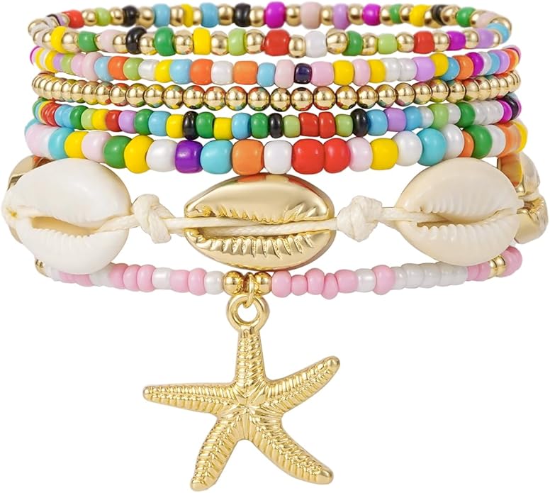 Shell Bracelet Seashell Boho Beaded Stretch Bracelets for Women Summer Beach Bracelets Starfish Charm Bracelet Stackable Gold Plated Bracelets Set for Women